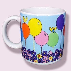 Vtg Russ Berrie & Co Happy Birthday Ceramic Mug Balloons Flowers Birds 14oz Cup
